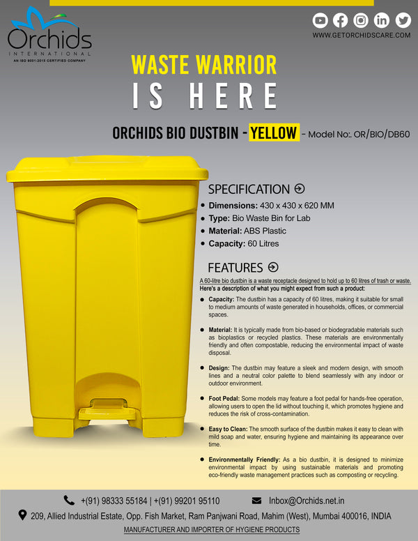 Orchids Bio Waste Dust Bin 60 Litres (Yellow)