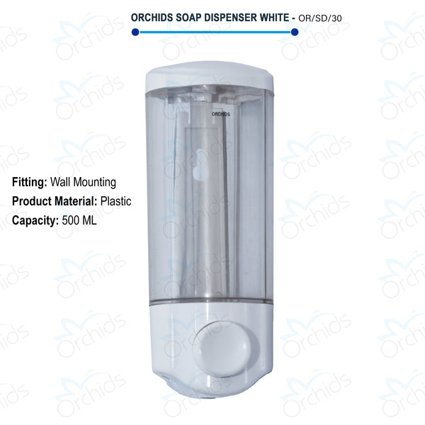 Orchids Soap/Sanitizer Dispenser 500 ml (White), ABS Body, Wall Mounted Soap Dispenser, Sleek Design, Ideal for Kitchen, Bathroom, Schools, Offices, Commercial use.