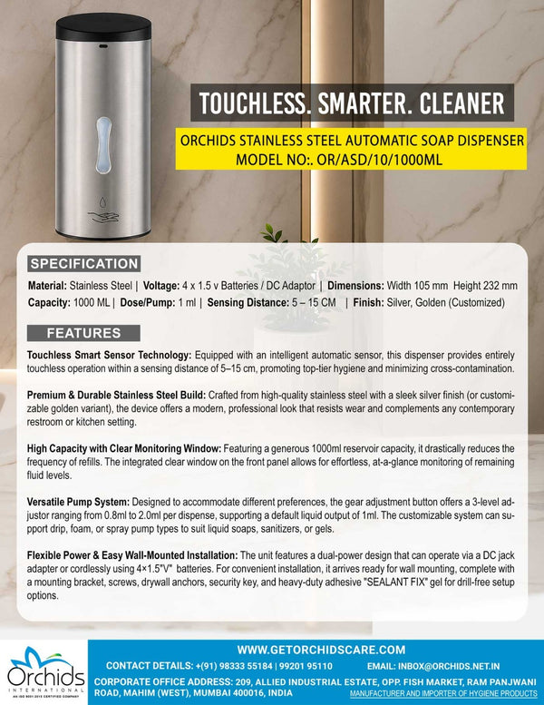Orchids Stainless Steel Automatic Soap Dispenser (1000ml)