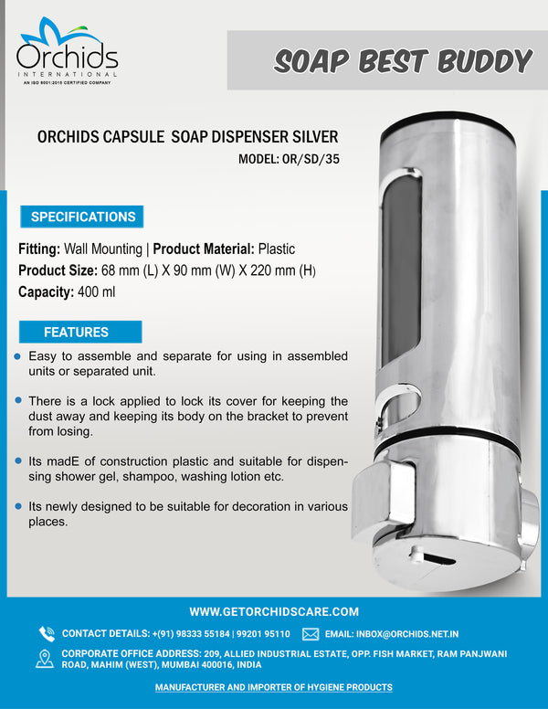Orchids Soap/Sanitizer Dispenser 400 ml , ABS Body, Wall Mounted Soap Dispenser, Sleek Design, Ideal for Kitchen, Bathroom, Schools, Offices, Commercial use. (OR/SD/35)