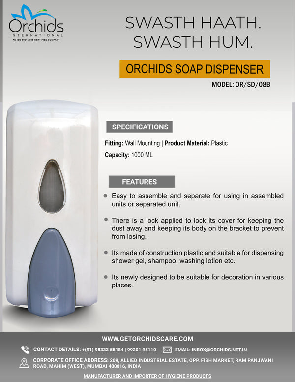 Orchids Soap/Sanitizer Dispenser 1000 ml (White), ABS Body, Wall Mounted Soap Dispenser, Sleek Design, Ideal for Kitchen, Bathroom, Schools, Offices, and Commercial use.