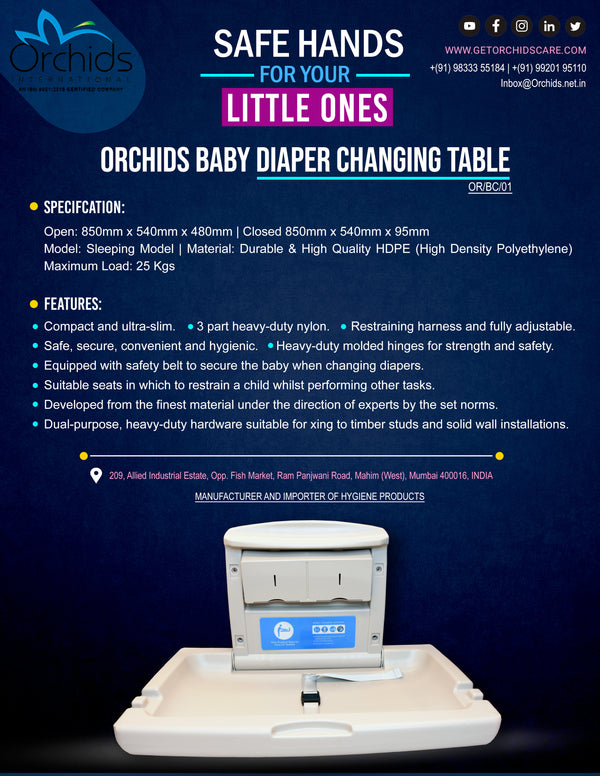 Orchids OR/BC/01 HDPE, Grey Baby Diaper Changing Station, Heavy Duty, Wall Mounted Folding, Horizontal, Sleeping Model, Ideal for Hospitals, Restaurant, Commercial Bathrooms