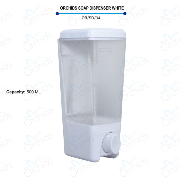 Orchids Soap/Sanitizer Dispenser 500 ml (White), ABS Body, Wall Mounted Soap Dispenser, Sleek Design, Ideal for Kitchen, Bathroom, Schools, Offices, Commercial use.