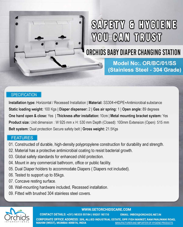 Orchids Baby Diaper Changing Station (OR/BC/01/SS) Stainless Steel - 304 Grade