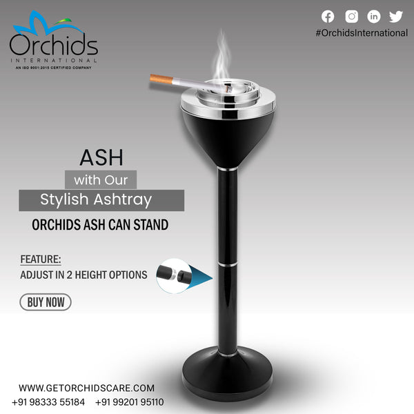 Orchids Adjustable Outdoor Standing Ashtray, Black, Push Down Floor Stand Ashtray with Lid, Ashtrays for Cigarettes, 24