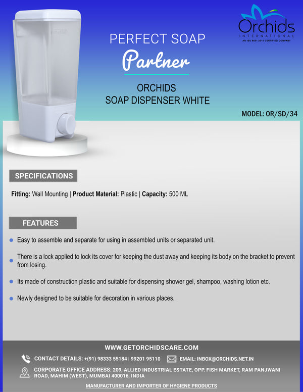 Orchids Soap/Sanitizer Dispenser 500 ml (White), ABS Body, Wall Mounted Soap Dispenser, Sleek Design, Ideal for Kitchen, Bathroom, Schools, Offices, Commercial use.