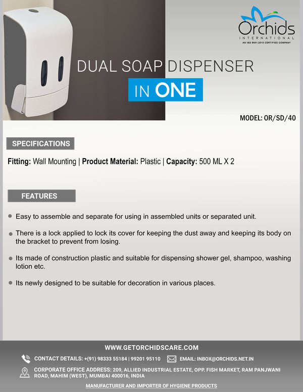 Orchids Twin Soap/Sanitizer Dispenser 500mlx 2 Heavy Duty ABS Wall Mounted Dual Twin Liquid Soap Dispenser for Kitchen, Bathroom, Washroom.