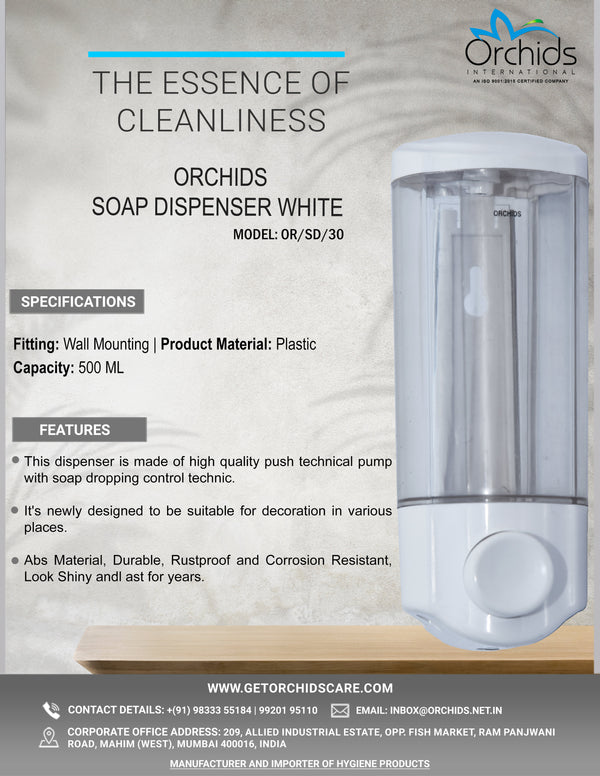 Orchids Soap/Sanitizer Dispenser 500 ml (White), ABS Body, Wall Mounted Soap Dispenser, Sleek Design, Ideal for Kitchen, Bathroom, Schools, Offices, Commercial use.